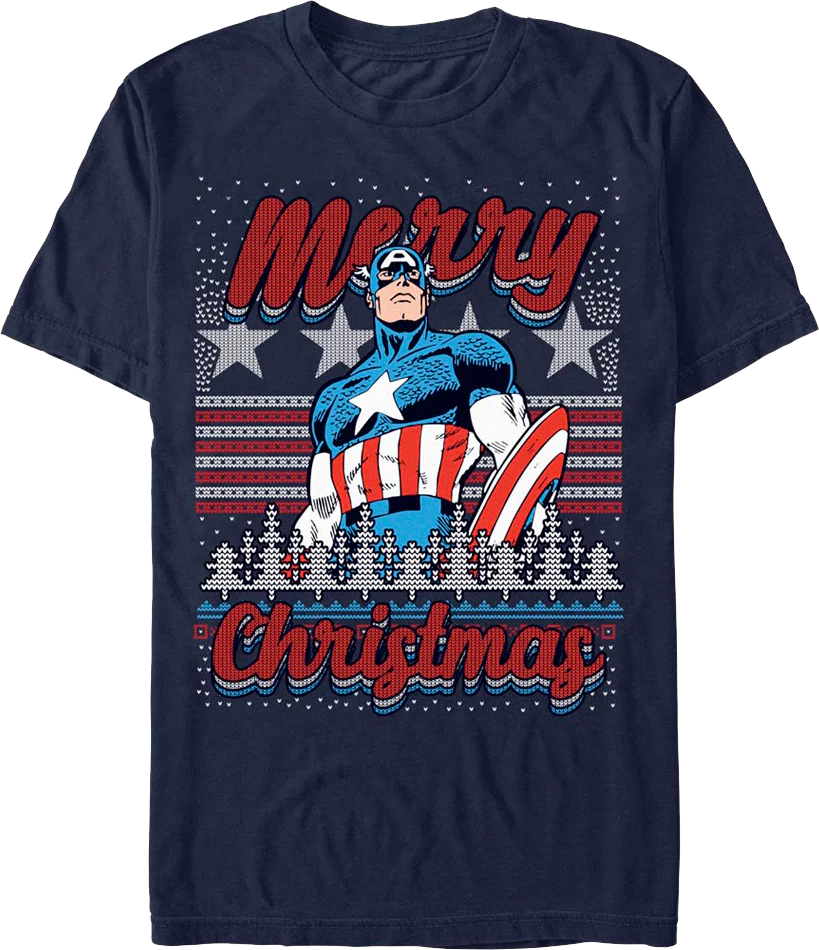 Captain America Merry Christmas Faux Ugly Sweater Marvel T-Shirt