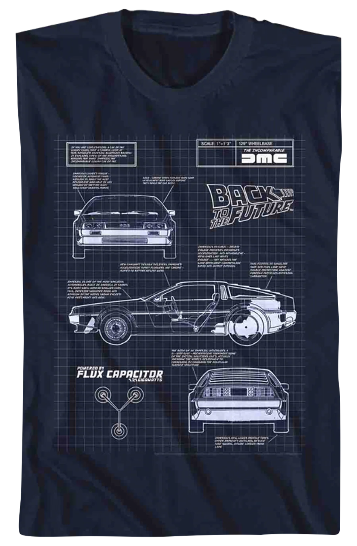 DeLorean Schematic Back To The Future Navy T-Shirt - Image 2