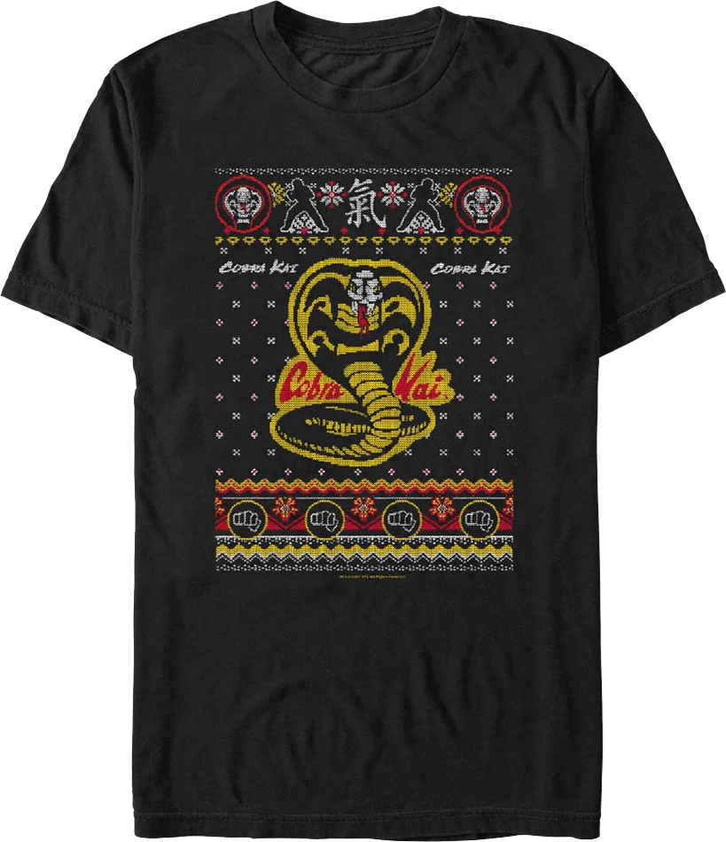 Dojo Logo Faux Ugly Christmas Sweater Cobra Kai T-Shirt - Image 2