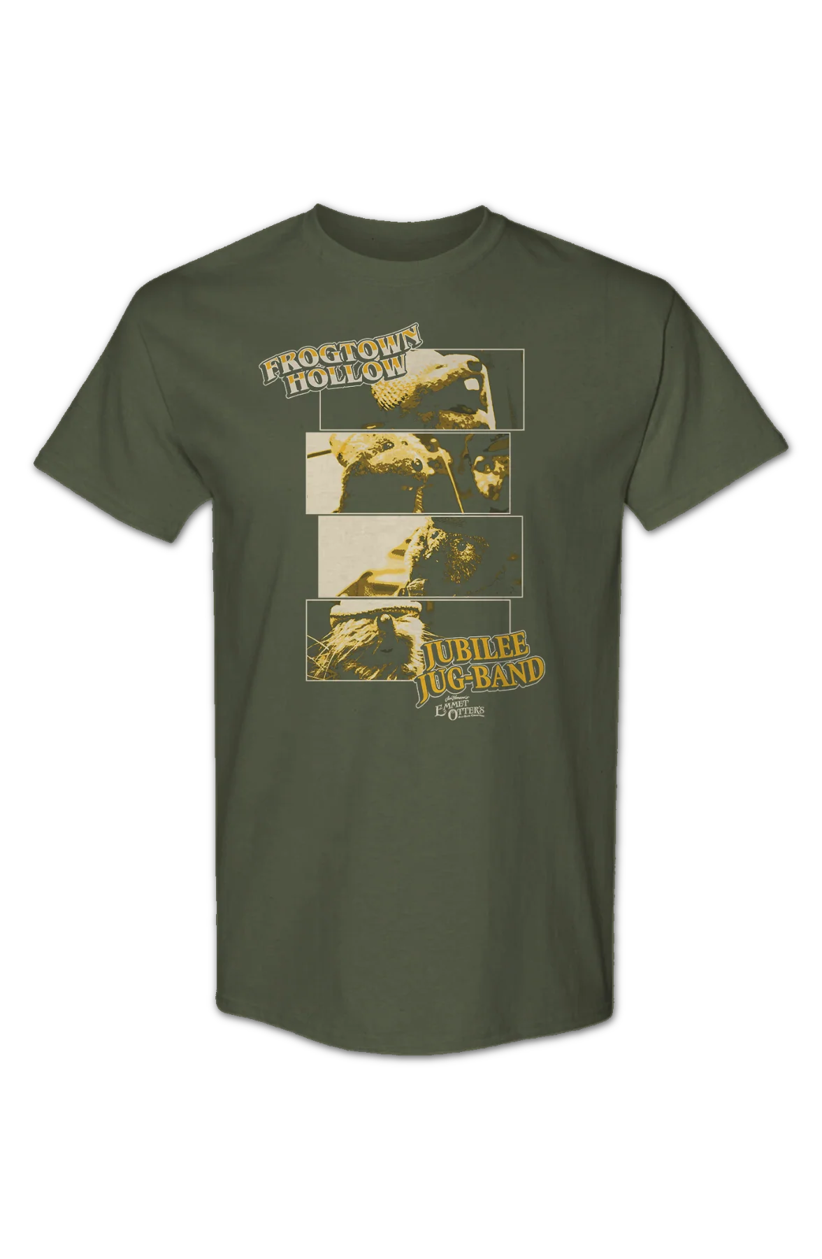 Frogtown Hollow Jubilee Jug-Band Collage Emmet Otter T-Shirt - Image 2