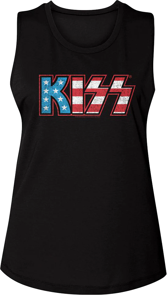 Ladies American Flag Logo KISS Muscle Tank Top