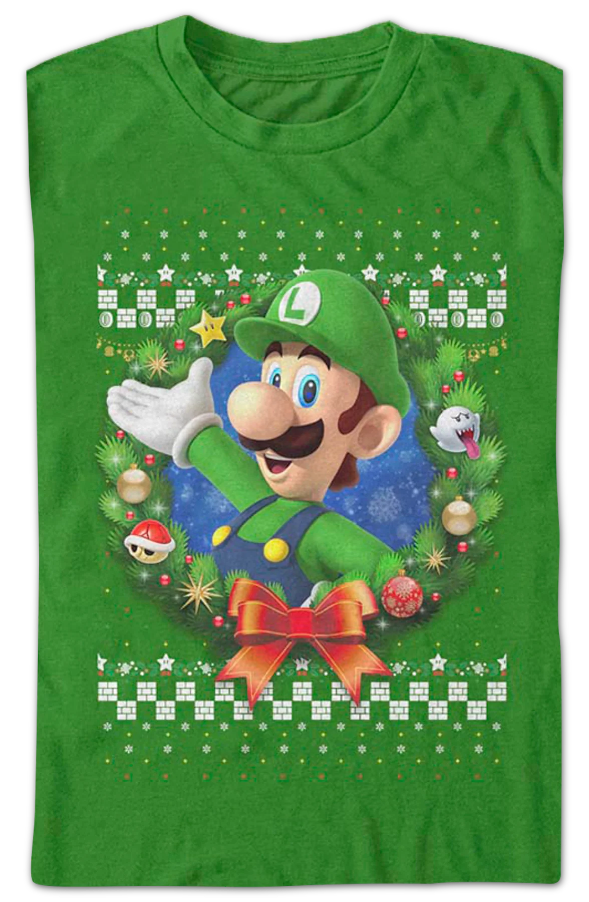 Luigi Faux Ugly Christmas Sweater Nintendo T-Shirt - Image 2