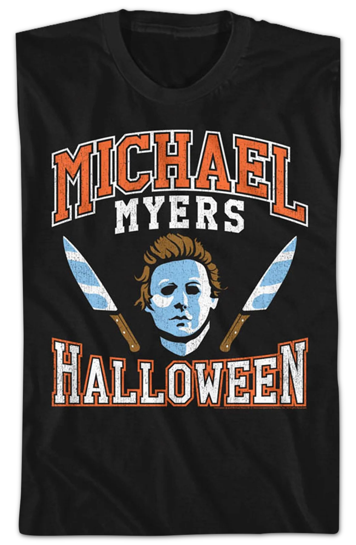 Michael Myers Mask And Knives Varsity Logo Halloween T-Shirt - Image 2
