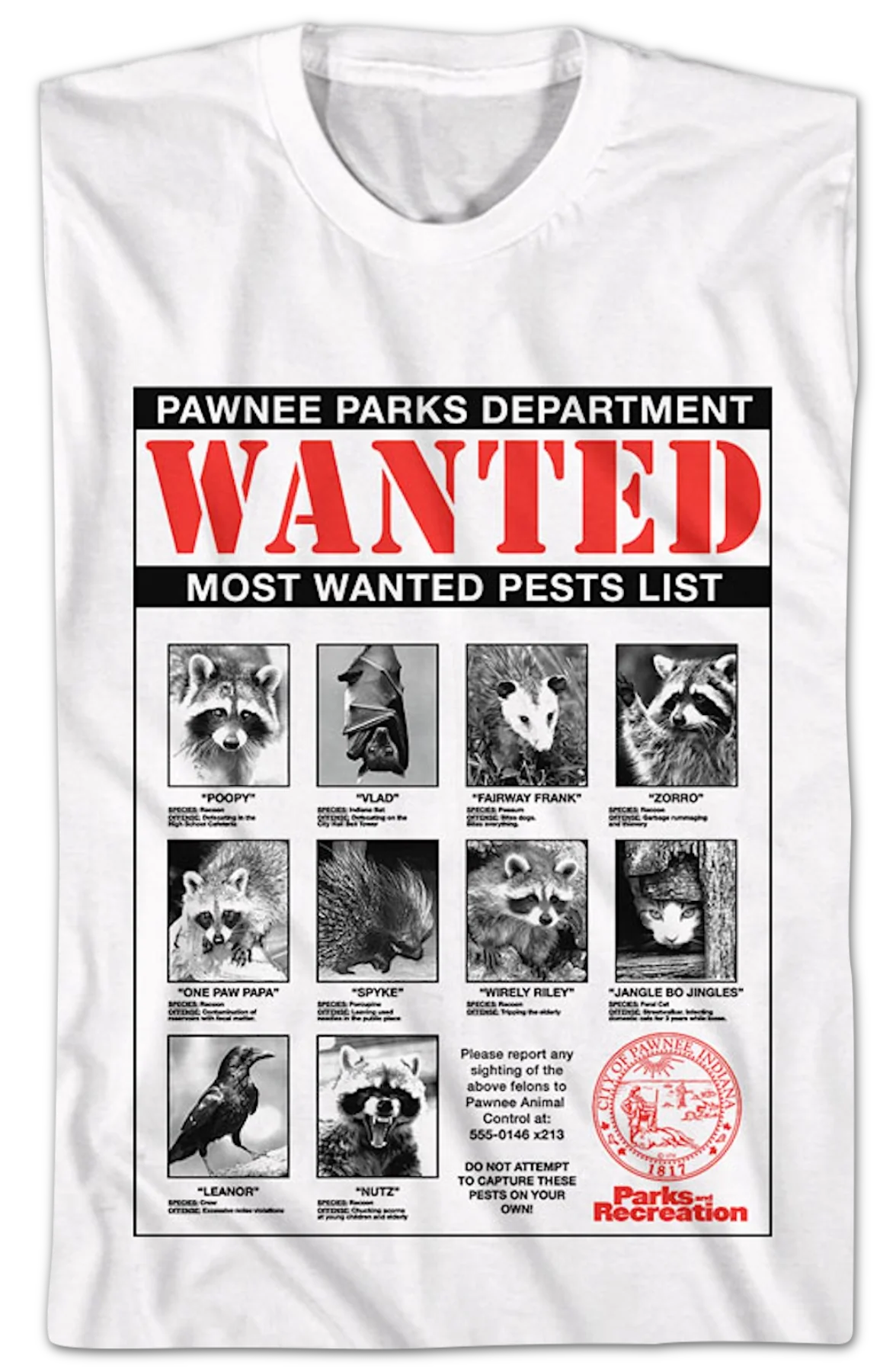 Most Wanted Pests List Parks and Recreation T-Shirt - Image 2