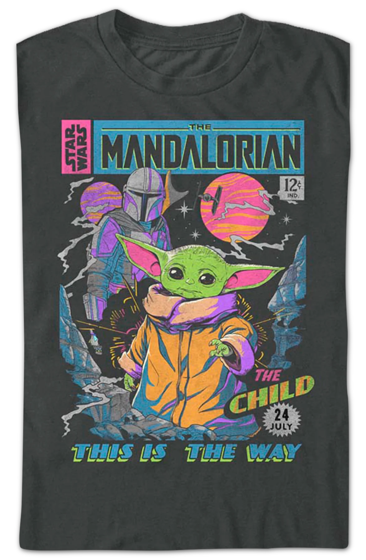 Neon Mandalorian Comic Book Cover Star Wars T-Shirt - Image 2