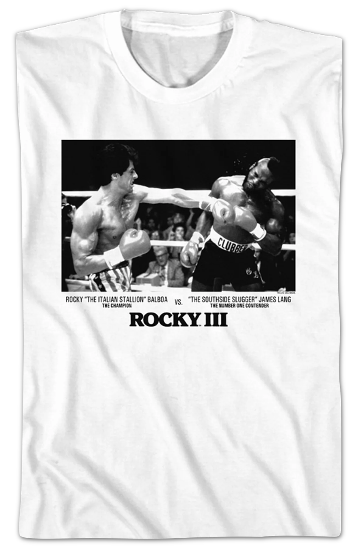 Rocky Balboa vs. Clubber Lang Black And White Photo Rocky III T-Shirt - Image 2