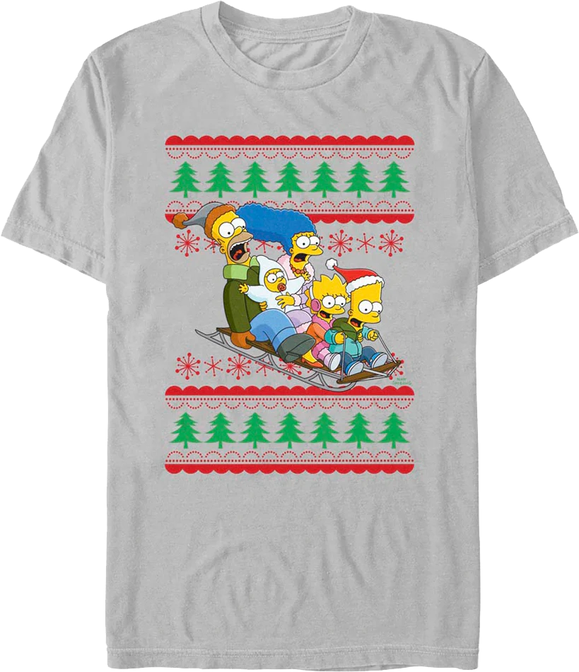 Sled Ride Faux Ugly Christmas Sweater Simpsons T-Shirt