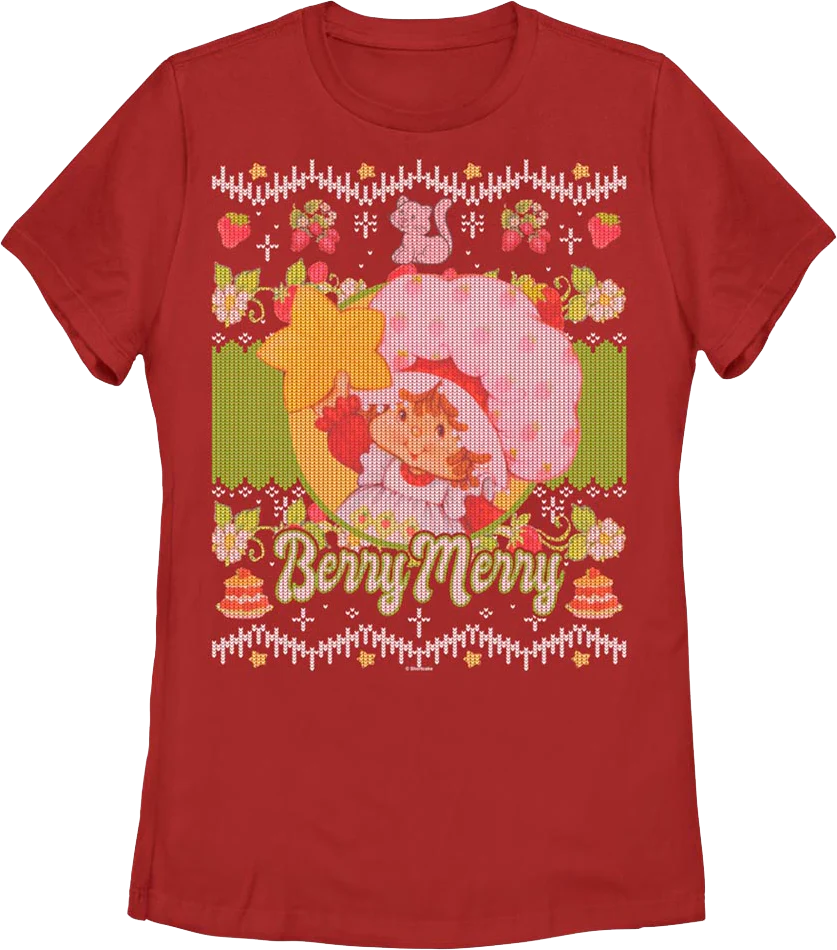 Womens Berry Merry Faux Christmas Sweater Strawberry Shortcake Shirt