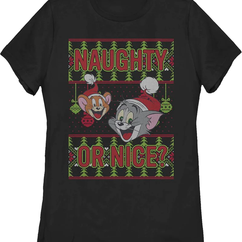 Womens Faux Ugly Knit Naughty Or Nice Tom And Jerry Christmas Shirt