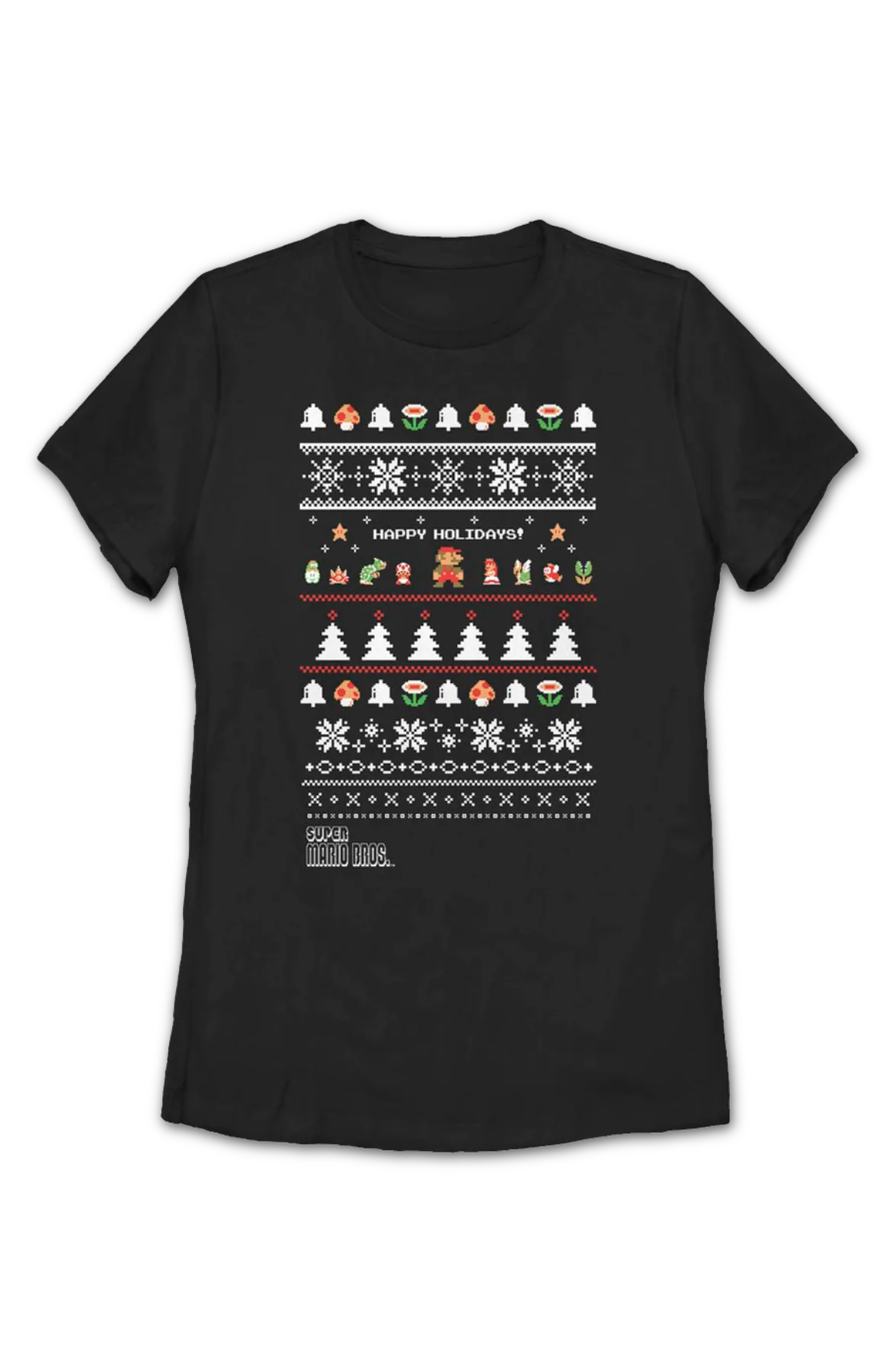 Womens Happy Holidays Faux Ugly Xmas Sweater Super Mario Bros. Shirt - Image 2