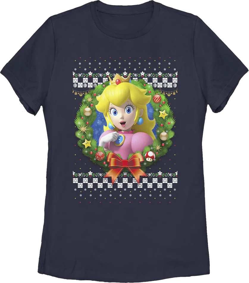 Womens Princess Peach Christmas Wreath Super Mario Bros. Shirt