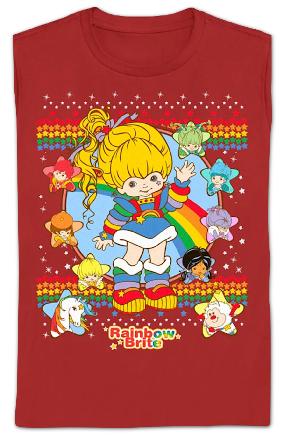 Womens Red Faux Ugly Sweater Rainbow Brite Shirt - Image 2