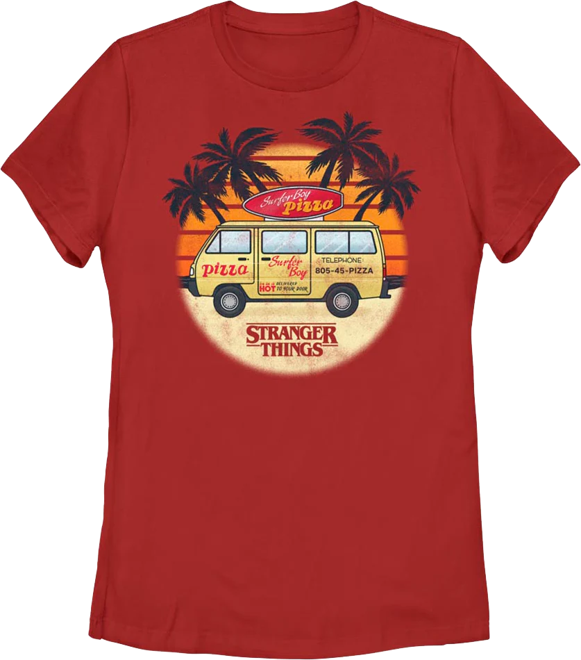 Womens Surfer Boy Pizza Van Stranger Things Shirt